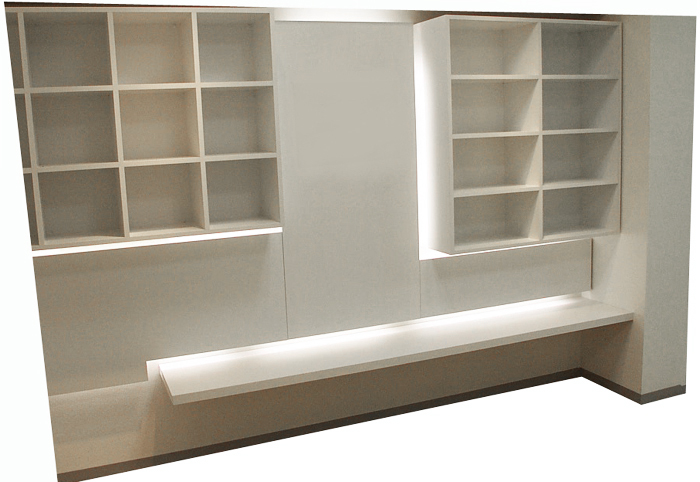 間接光付白い壁面収納ボックス家具制作例
