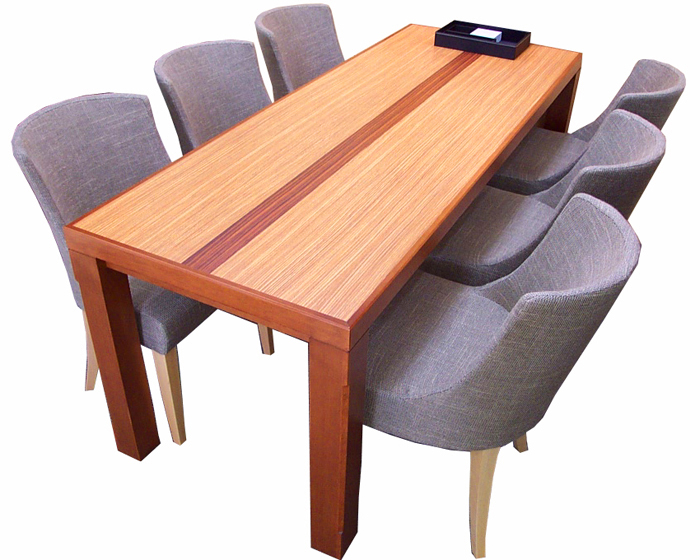 6人掛けゼブラ調木目と無垢木框テーブル＋イス家具制作例ボタン